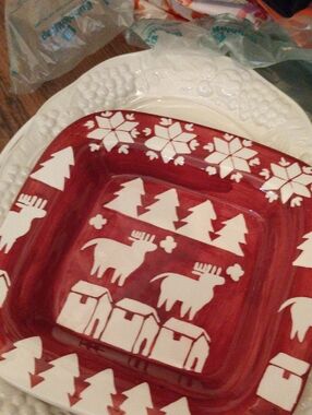 Red Holiday Ceramic Serving Bowl with White Festive Motif